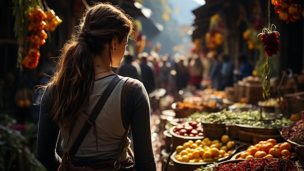 Photo une femme se promène dans un marché de légumes animé