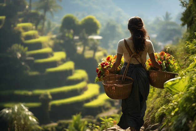 Une femme se promène dans des terrasses de riz sur l'île de Bali, en Indonésie