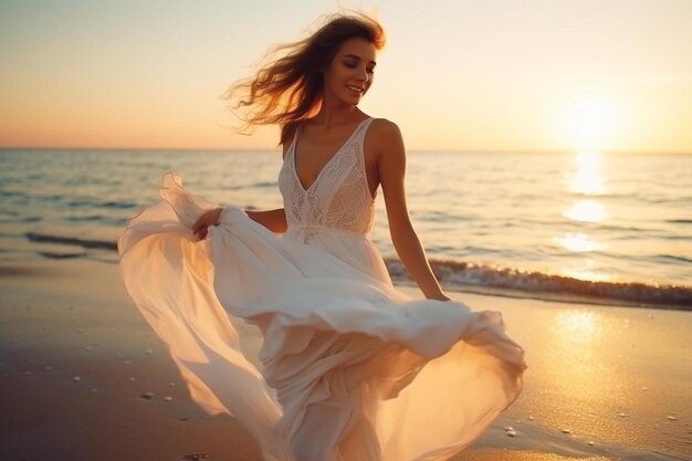 Une femme se promène sur la plage au coucher du soleil.