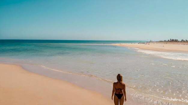 une femme se promène sur la plage devant l'océan