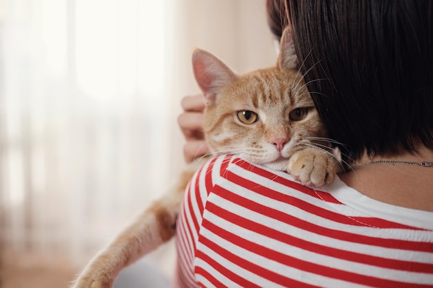 Femme se relaxant avec son animal de compagnie au gingembre sur un canapé Concept hygge de scène confortable