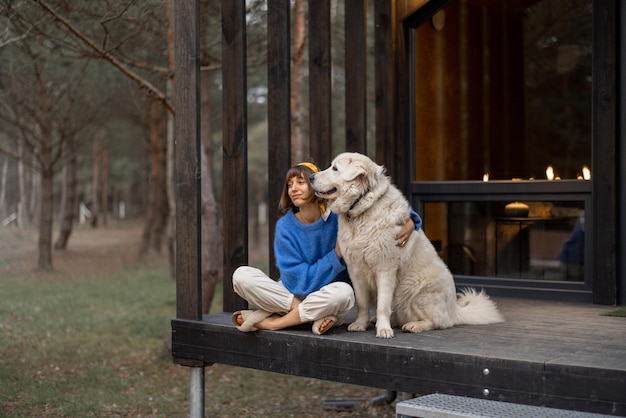 Une femme se repose avec un chien près d'un chalet en bois dans la nature
