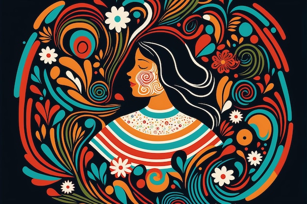 Une femme se serre dans ses bras et sourit dans une illustration colorée.