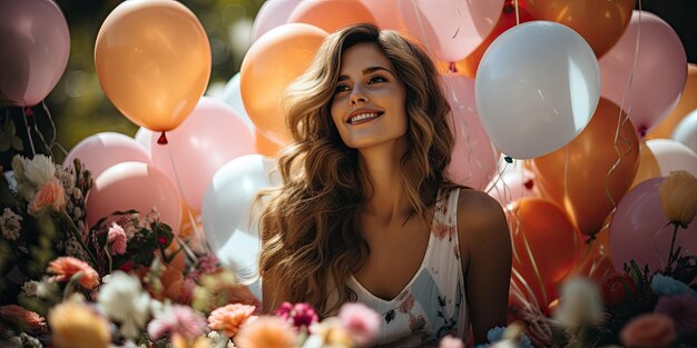 Une femme se souhaite un joyeux anniversaire sur fond de ballons colorés Beau soleil