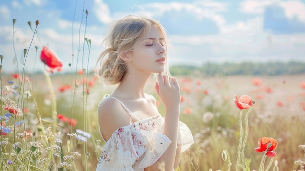 Une femme se tient au milieu d'un champ de fleurs colorées