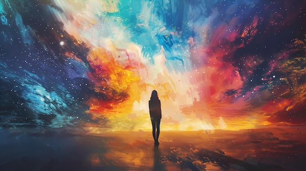 une femme se tient au milieu d'un ciel coloré