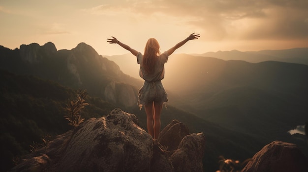 Une femme se tient au sommet d'une montagne, les bras levés en l'air.