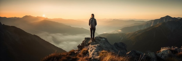 Une femme se tient au sommet d'une montagne en regardant le lever du soleil.