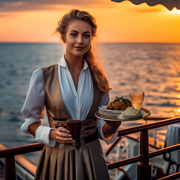 Une femme se tient sur un balcon avec une assiette de nourriture et une tasse de café.