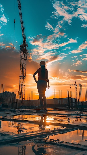 Une femme se tient sur un chantier de construction avec un reflet d'un bâtiment dans l'eau