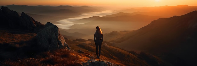 Une femme se tient sur une colline dans les montagnes en regardant le soleil