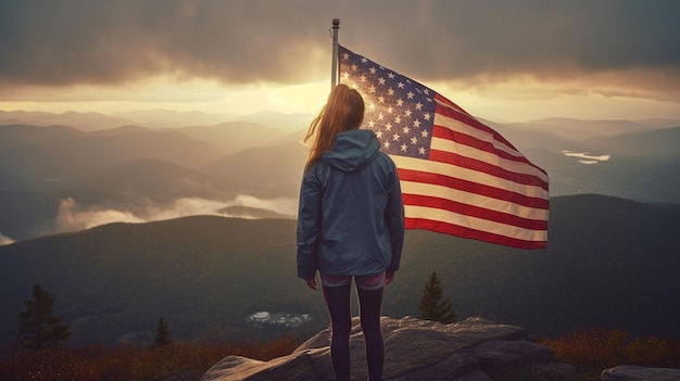 Une femme se tient sur une colline avec un drapeau américain en arrière-plan générative ai