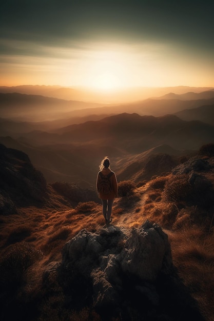 Une femme se tient sur une colline regardant le coucher du soleil