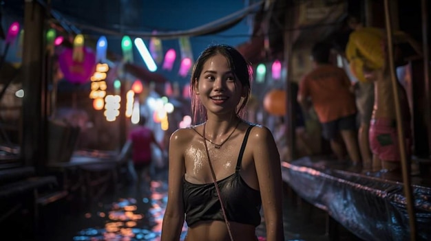 Une femme se tient dans un canal à Bangkok la nuit