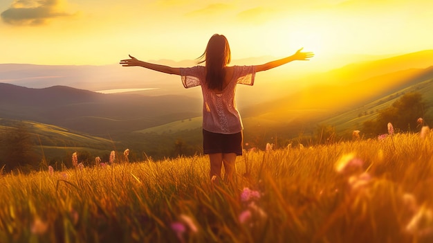 Une femme se tient dans un champ, les bras tendus, regardant le coucher du soleil.