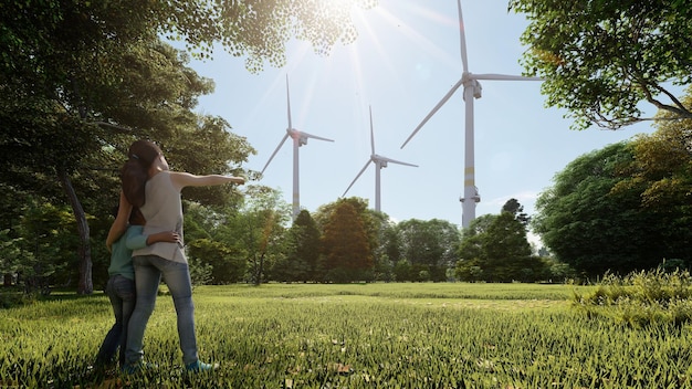 Une femme se tient dans un champ d'éoliennes.