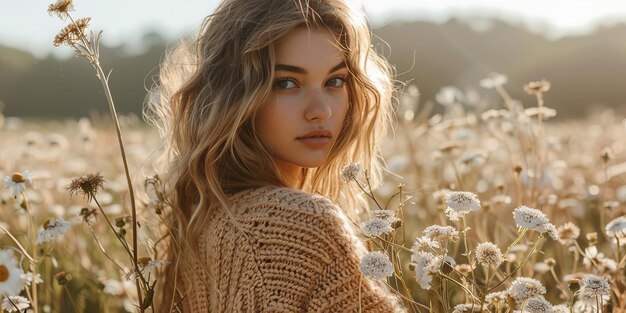 Une femme se tient dans un champ de fleurs portant un pull brun