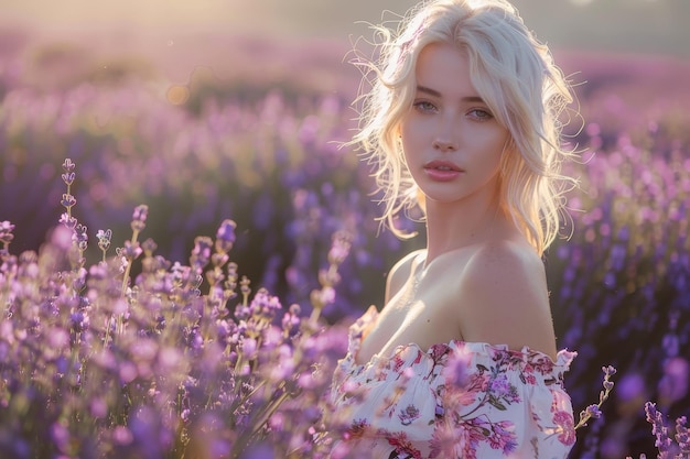 Une femme se tient dans un champ de fleurs violettes