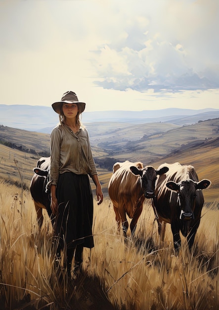 Photo une femme se tient dans un champ avec des vaches