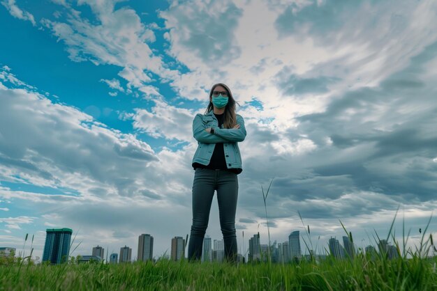 une femme se tient dans un champ avec une ville en arrière-plan