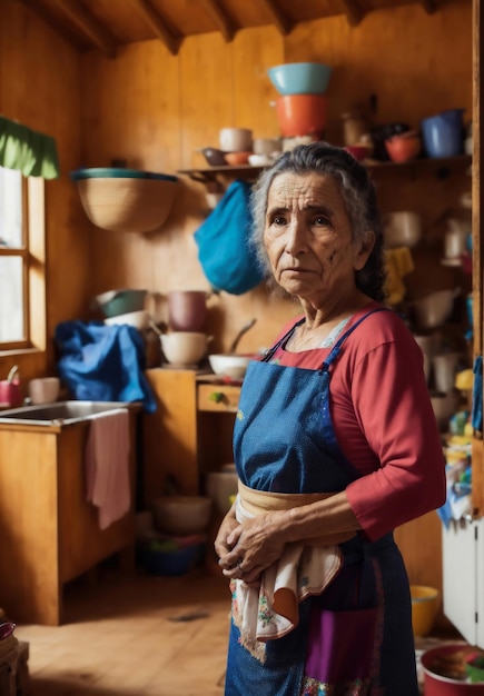 Une femme se tient dans une cuisine avec un tablier bleu.