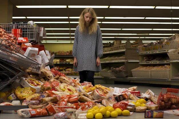 une femme se tient dans une épicerie avec un panneau disant épicerie