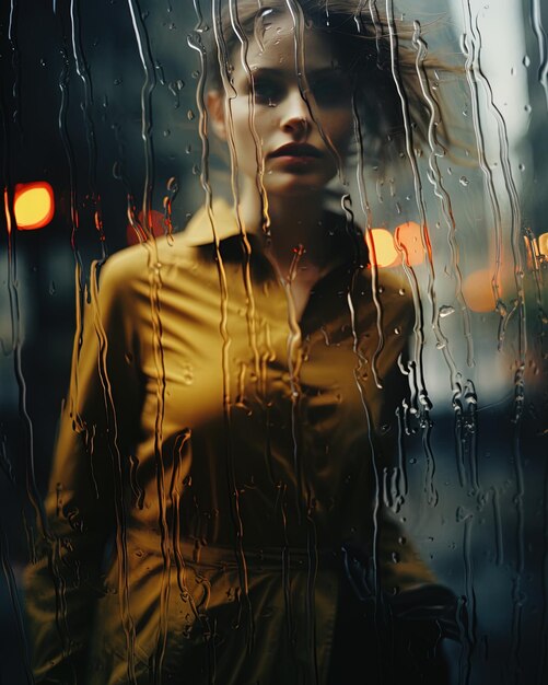 une femme se tient dans une fenêtre trempée de pluie avec des gouttes de pluie