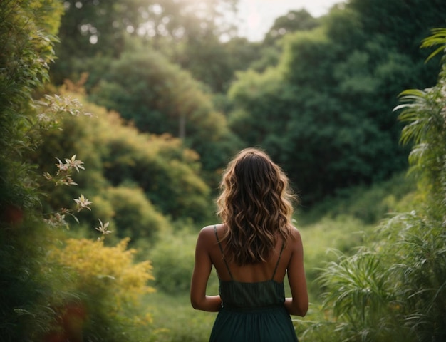 une femme se tient dans une forêt avec le soleil qui brille dans son dos