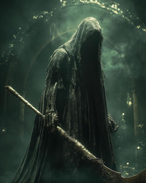 une femme se tient dans une forêt sombre avec un bâton à la main