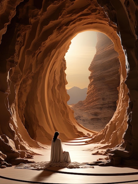 une femme se tient dans une grotte avec le soleil qui se couche derrière elle