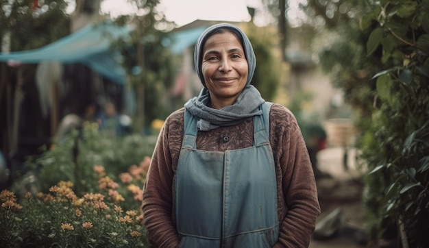 Une femme se tient dans un jardin portant un tablier et une écharpe.