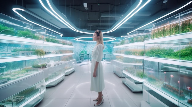 Une femme se tient dans un magasin avec une plante verte en arrière-plan.