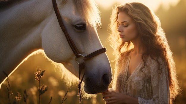 Une femme se tient dans une prairie ensoleillée et communique tendrement avec son majestueux cheval.