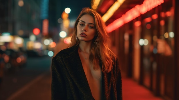 Une femme se tient dans une rue dans le noir avec une lumière rouge sur le mur derrière elle.