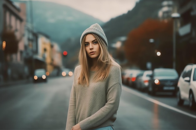 Une femme se tient dans une rue devant une rue avec des voitures et un panneau qui dit "je t'aime"