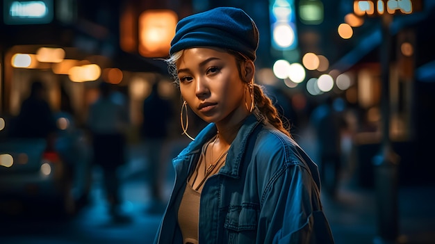 Une femme se tient dans une rue la nuit portant une veste bleue et un chapeau bleu.