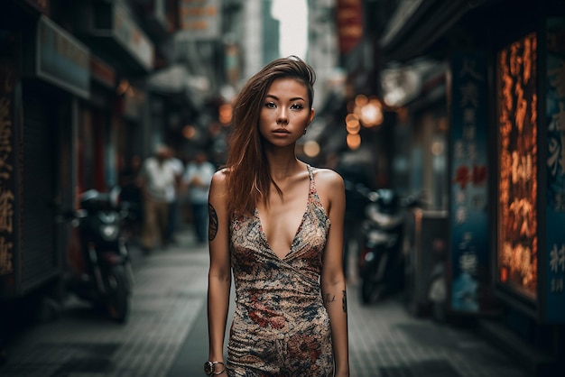 Une femme se tient dans une rue à Shanghai