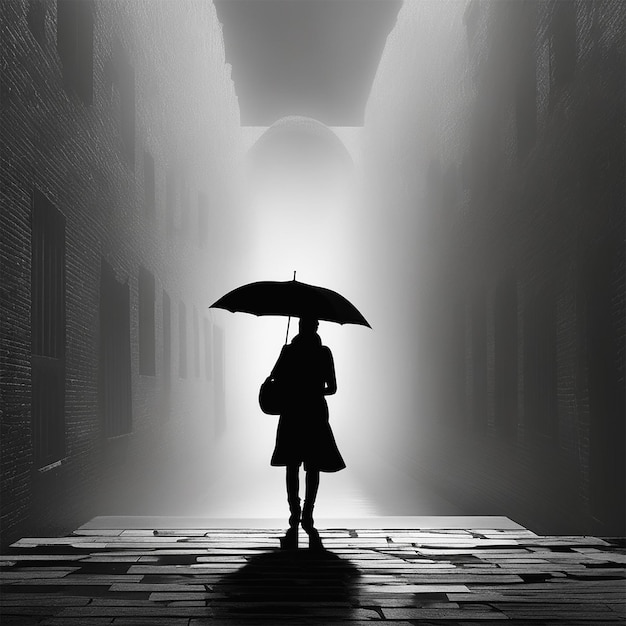 Photo une femme se tient dans une ruelle sombre avec un parapluie dans le noir.