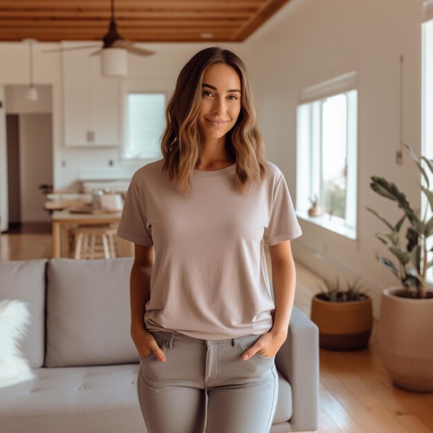 une femme se tient dans un salon avec un canapé blanc et une plante en arrière-plan.