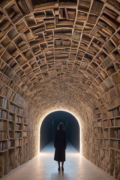 Une femme se tient dans un tunnel intitulé le livre de la connaissance.