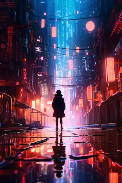 Une femme se tient dans une ville sombre avec un néon sur le côté gauche.