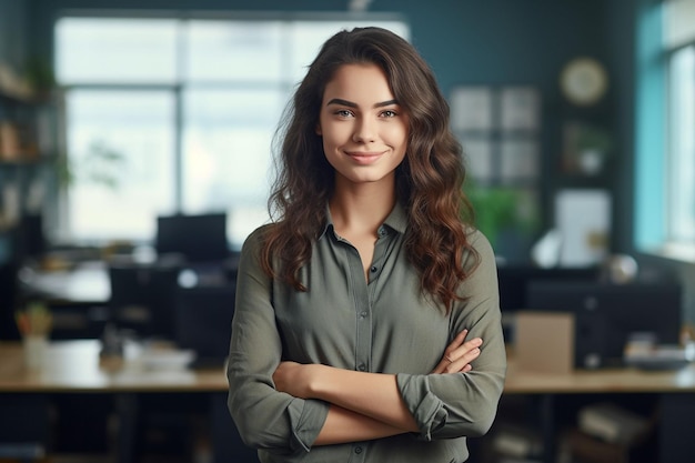 Photo une femme se tient debout dans un bureau, les bras croisés.