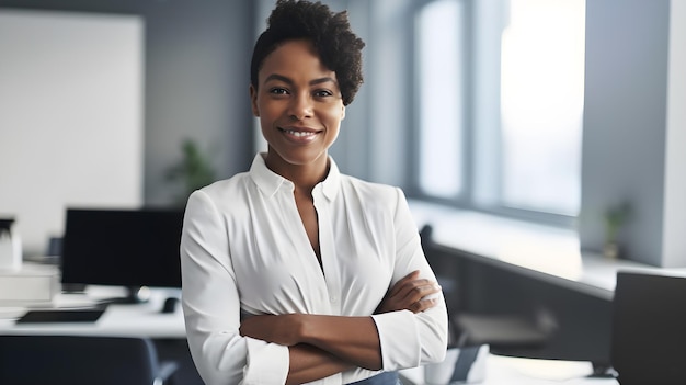 Une femme se tient debout dans un bureau, les bras croisés.