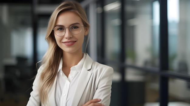 Une femme se tient debout dans un bureau, les bras croisés.