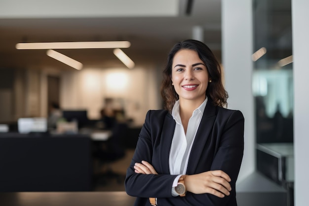 Une femme se tient debout dans un bureau, les bras croisés.