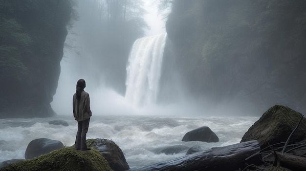 Photo une femme se tient debout sur un rocher devant une chute d'eau.