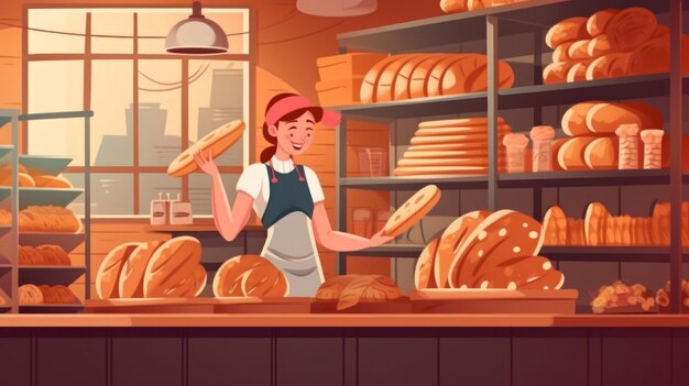 Une femme se tient derrière un comptoir avec des pains et un panneau indiquant boulangerie.