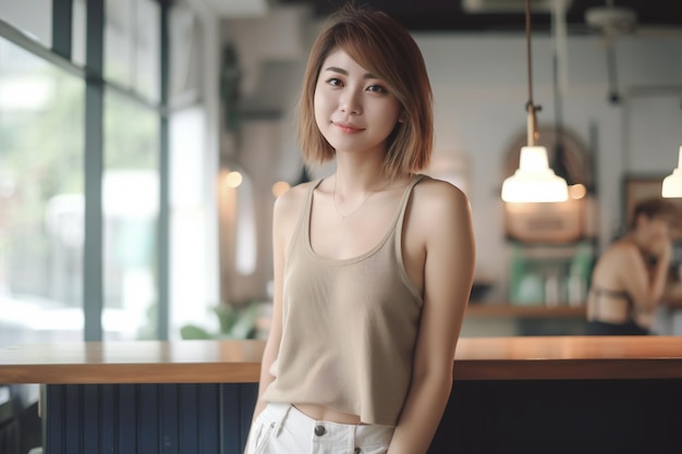 Une femme se tient devant un bar avec un luminaire suspendu au plafond.