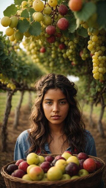 une femme se tient devant un bouquet de raisins