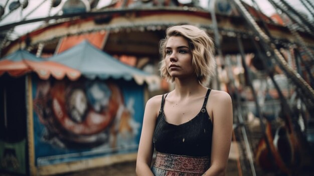 Une femme se tient devant un carnaval devant un carrousel coloré.